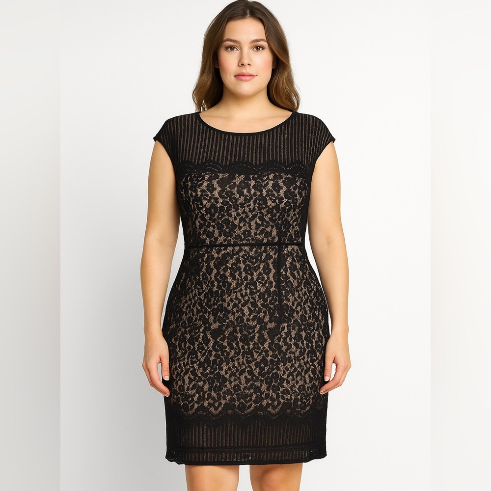 Joseph Ribkoff  Womens Cocktail Sheath Dress Sz 12 Black Lace Nude Illusion